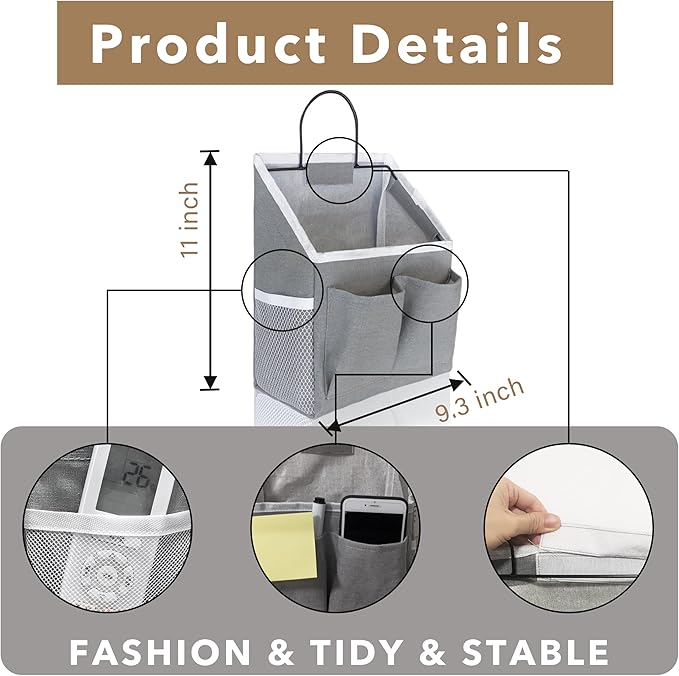 3pcs Small Wall Hanging Organizer Bag, Linen Fabric Door Hanging Storage Basket with Pockets, Waterproof Bin for Kitchen, Bedroom, Office, RV Camper (Gray)