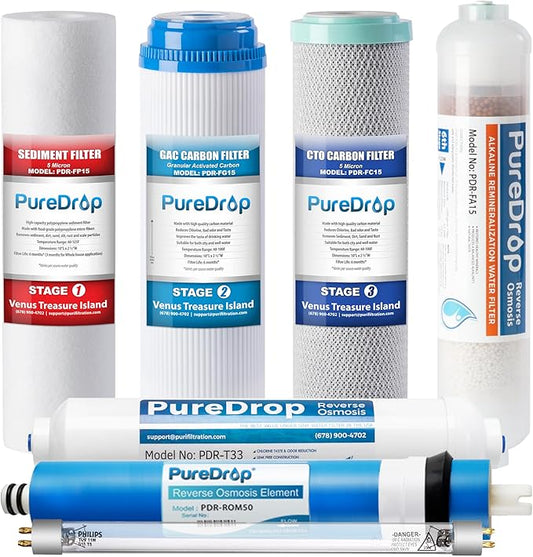 PDR-F7KU50 50 GPD Reverse Osmosis Water Filter Replacement Cartridges for RTW5AK-UV 7-Stage RO Water Filtration System with Alkaline Mineral & UV light Filter, 7 Pieces