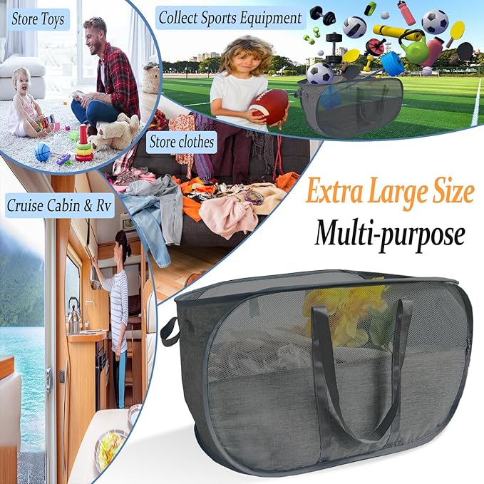 Upgraded 100L Collapsible Laundry Basket, Extra Large Mesh Pop Up Laundry Hamper, Dirty Clothes Hamper with long Handles, Pop-up Hampers for Laundry Travel. Dorm or Home Portable Laundry Basket. Black