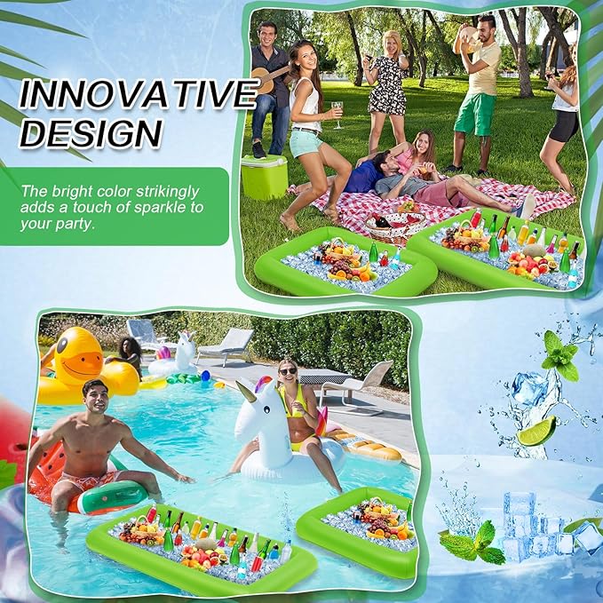 Leitee 4 Pcs Inflatable Ice Serving Bars Buffet Serving Tray Drink Cooler for Pool Party Inflatable Ice Tray Floating Food Drink Containers with Drain Plug and a Hand Pump, 2 Sizes (Green)