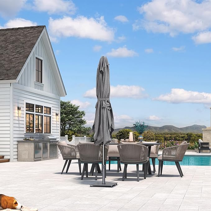 PURPLE LEAF 9 X 12 FT Semi-Auto Outdoor Patio Umbrella Market Table Sun Umbrellas with 8 Aluminum Sturdy Ribs for Backyard Deck Garden Pool (Gray Pole Gray Canopy)