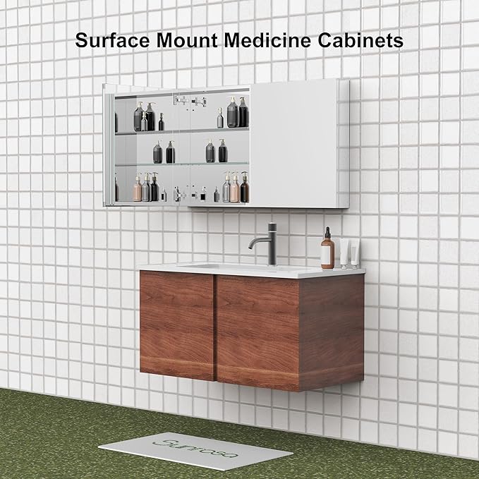 Sunrosa Aluminum Bathroom Medicine Cabinet with Mirror Door, 48" x 27.5", 2-Door Wall-Mounted & Recessed Bathroom Medicine Cabinet Organizer