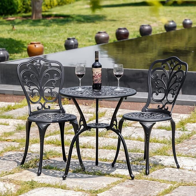 Outdoor Bistro Set 3 Piece Patio Bistro Set, Cast Aluminum Bistro Table and Chairs Set of 2, Small Patio Table Set for Porch, Black