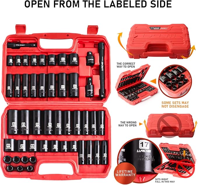 LLNDEI 3/8" Drive Impact Socket Set SAE and Metric (5/16"- 3/4", 8-22mm) 48pcs, CR-V Steel, 6 Point Sockets, Extension Bar (3-in, 6-in), 1/2"F to 3/8"M Reducer Universal Joint