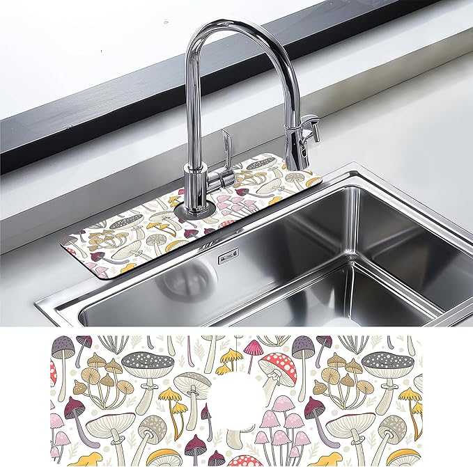 Kitchen Sink Splash Guard Faucet Mat Colorful Mushrooms Sink Splash Guard Behind Faucet,1 PC Soft Diatom Mud Non-Slip Mat-for Kitchen,Sink Mat,Dish Drying Mat,Bathroom Faucet Mat 15.5"X5.5"