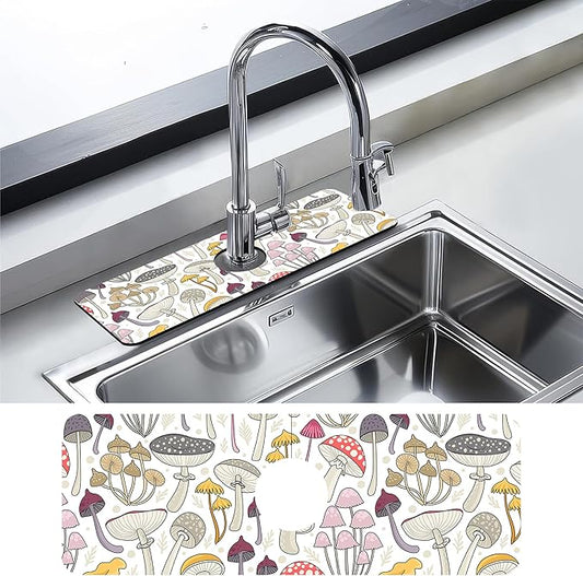 Kitchen Sink Splash Guard Faucet Mat Colorful Mushrooms Sink Splash Guard Behind Faucet,1 PC Soft Diatom Mud Non-Slip Mat-for Kitchen,Sink Mat,Dish Drying Mat,Bathroom Faucet Mat 15.5"X5.5"