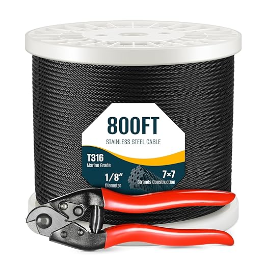 800FT 1/8" Black T316 Stainless Steel Cable, 7x7 Strands Construction, Black Wire Rope Aircraft Cable for Indoor, Outdoor, Deck Fence Railing, and DIY Balustrades