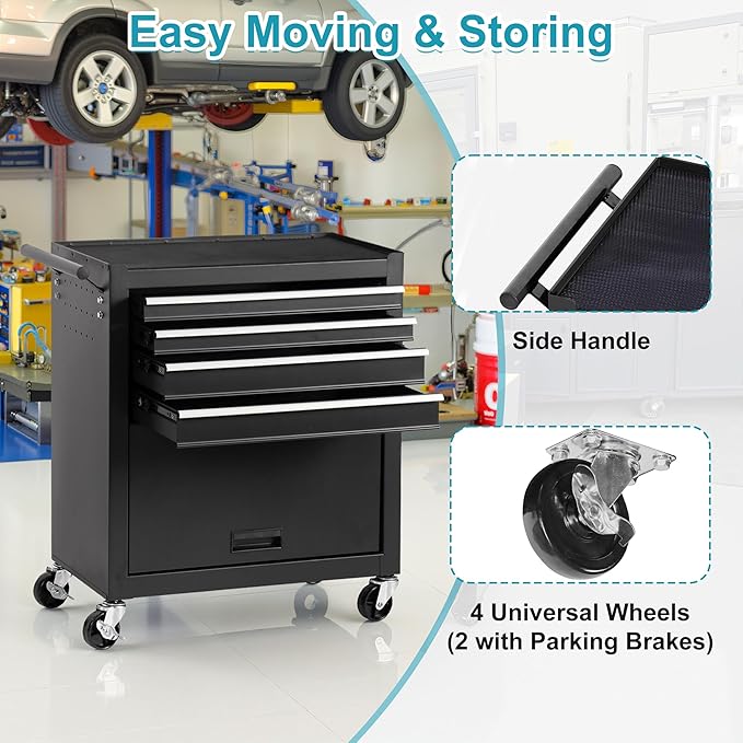 Tool Chest 4 Drawers Garage Storage Cabinet Steel Frame Tool Chest with Wheels, Top Storage Rack, Rubber Mat, Side Handle for Warehouses and Workshop, Black