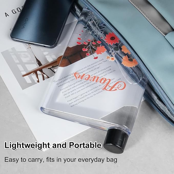 Flat Water Bottle 420ml,Plastic Portable Flat Water Bottle for Purse,Square Water Bottle Flat for Sports Gym Fitness Outdoor,Flower