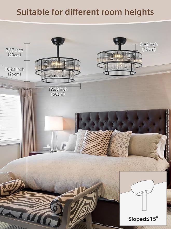 20" Black Crystal fandelier Ceiling Fan with Lights,Black Caged Chandelier Ceiling Fan with Light Remote Control,Enclosed Mid Century with 6 Speeds for Bedroom,Living Room,Nursery