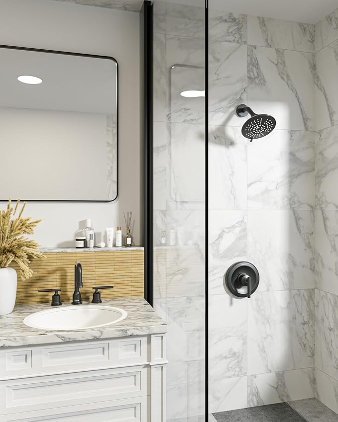 Black Bathroom Shower Faucet Set: WOWOW Shower Combo Set with 6-Inch Rain Shower Head, Single Handle Shower Trim Kit Modern Shower System High Pressure (Valve Include）