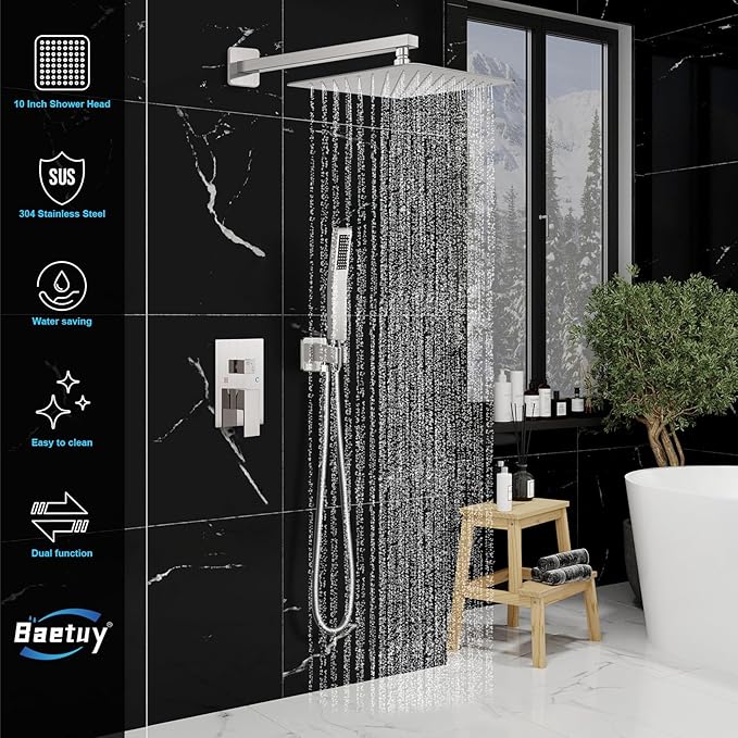 Shower Faucet Set Bathroom Square Rain Shower Head and Handle Set, Wall Mounted Shower Fixtures With Shower Valve and Trim Kit 10 inch Brushed Nickel
