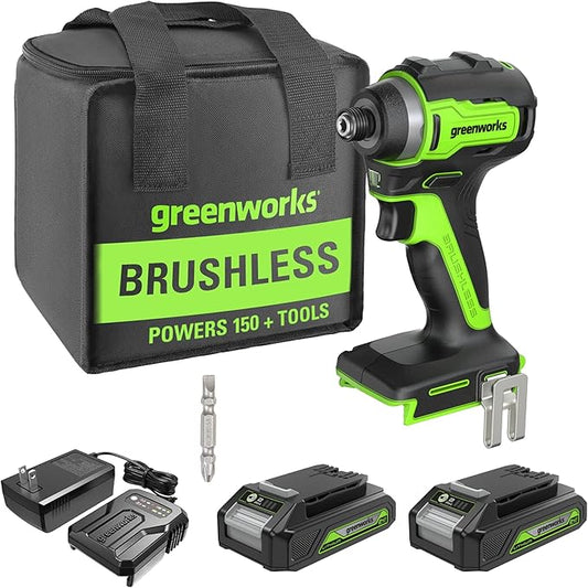 Greenworks 24V Brushless 1/4" Cordless Impact Driver, (2) 2.0Ah Batteries, Compact Charger, and Bag Included