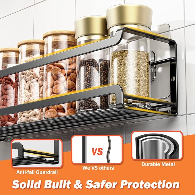 Spice Rack wall mounted 2 Pack, Space-Saving Spice Organizer for Spice Jars and Seasonings,Screw or Adhesive Hanging Spice Rack Organizer for Your Kitchen Cabinet,or Pantry Door