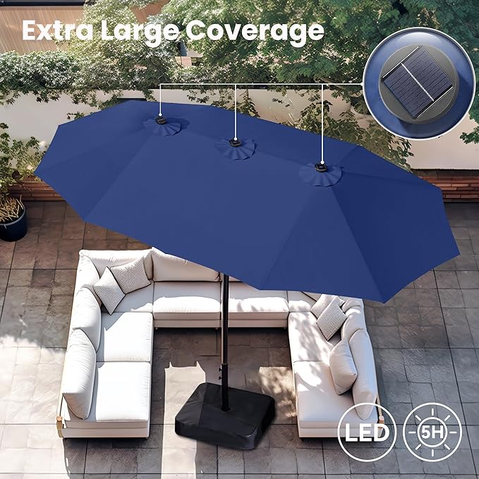 PHI VILLA 15ft Large Patio Umbrella with Solar Lights, Double-Sided Outdoor Market Rectangle Umbrellas with 36 LED Lights, Umbrella Base (Stand) Included, Haze Blue