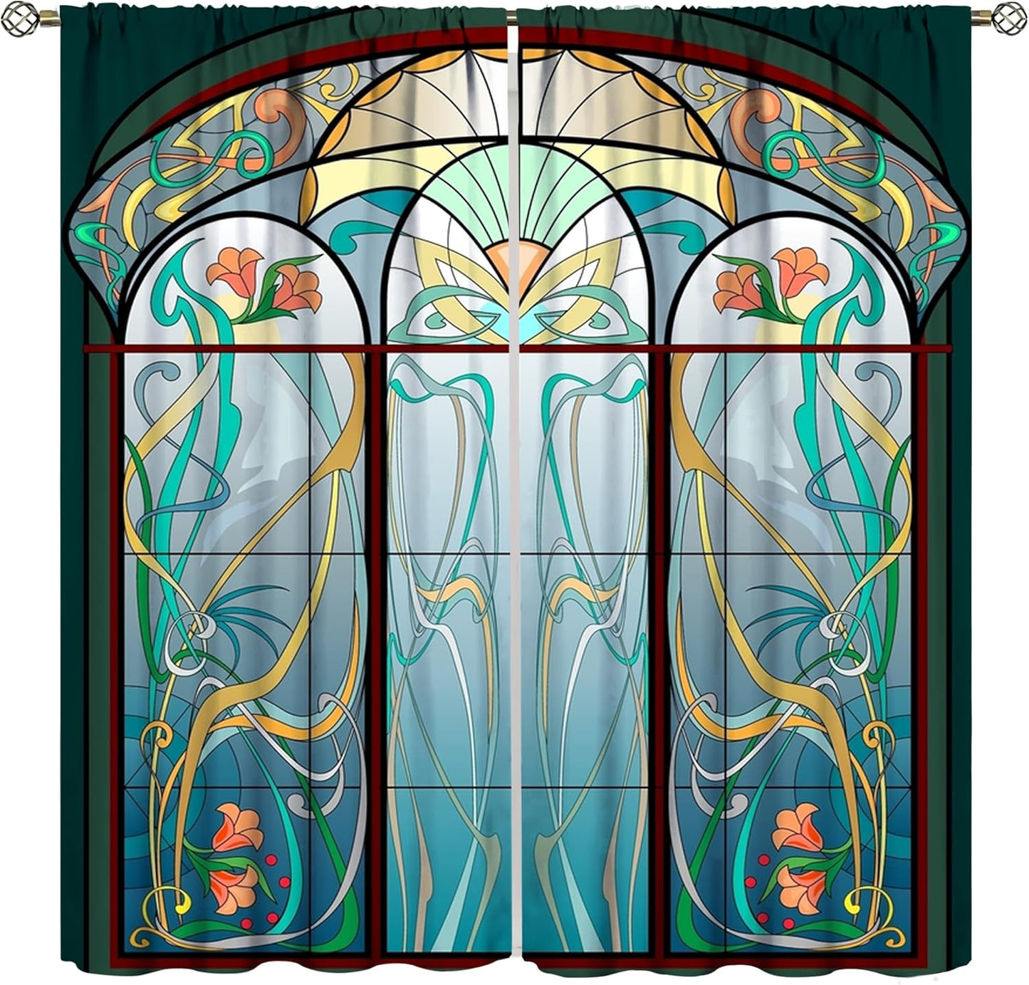 Stained Glass Curtains, Retro Mid Century Boho Abstract Art Home Decor Drapes for Bedroom Living Room Kitchen Window Treatment 2 Panels Set Total Size 63" W X 72" L Inch