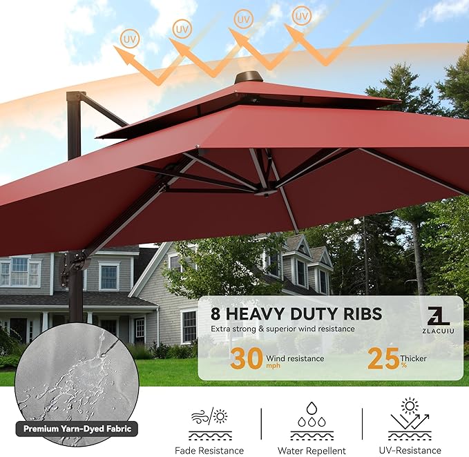 9x12FT Red Cantilever Outdoor Patio Umbrella with Base, Large Rectangular Offset Design, Double Top Heavy Duty Aluminum Frame & 360° Rotation for Pool Garden Deck Backyard