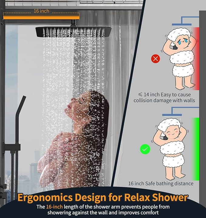 SR SUN RISE Matte Black Square Rainfall Shower Head and Handle Set, Wall Mounted Shower Fixtures, Metal Shower Faucet Trim Repair Kits (With Shower Valve) 16 Inches