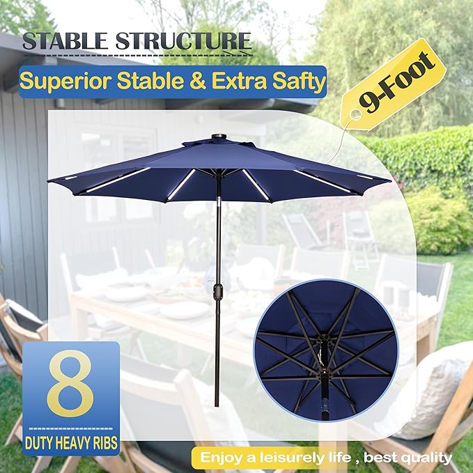 Sunnyglade 9FT Outdoor Solar LED Lighted Patio Umbrella with 8 LED Strip Lights & 8 Ribs, Convenient Crank Lift System