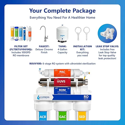 Express Water Ultraviolet Reverse Osmosis Water Filtration System – 6 Stage RO UV Water Filter with Faucet and Tank – UV Under Sink Water Filter – 100 GPD