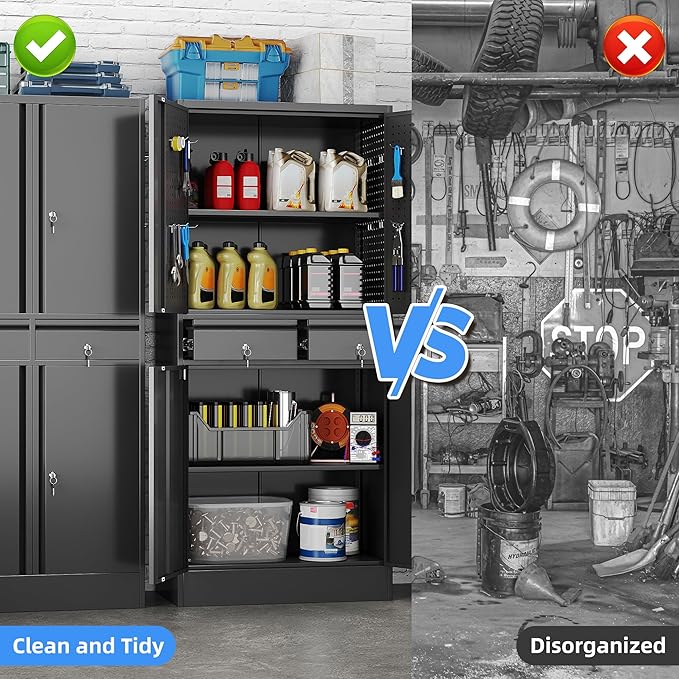 Metal Garage Storage Cabinet with Pegboards and Hooks,MetalTool Storage Cabinet with 2 Drawer and 2 Adjustable Shelves for Garage,Warehouse,Home,Office,School,Requires Installation,Black