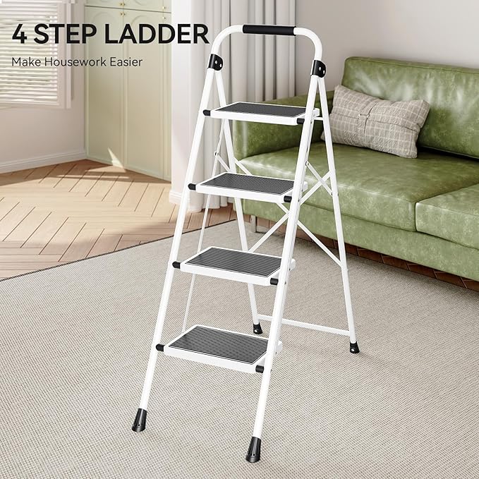 KINGRACK 4 Step Ladder, Folding Step Stool with Anti-Slip and Wide Pedal, Lightweight Stepladder with Handrails, Portable for Kitchen, Household, White