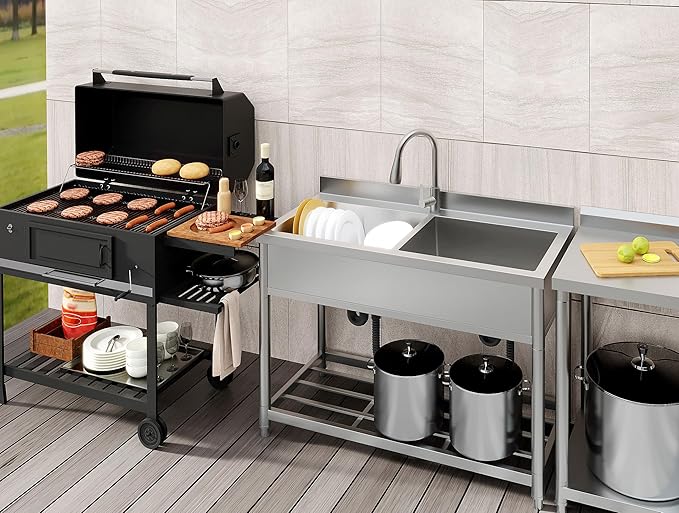 2-Compartment Commercial Sink, Stainless Steel Utility Sink with Pull-out Faucet, Free Standing Double Bowl Kitchen Sink for Restaurant, Garage, Shop, Cafe, Outoor, 21.7"D x 47.2"W x 37"H