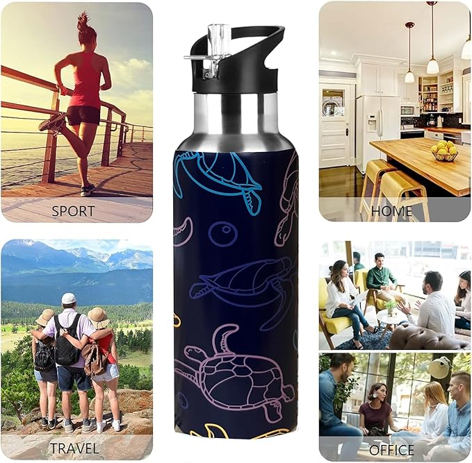 Cute Sea Turtle Sport Water Bottle with Straw, Vacuum Insulated Stainless Steel Thermal Drinking Travel Mug Cups For Gym Fitness Camping-20oz/600ml, Clear