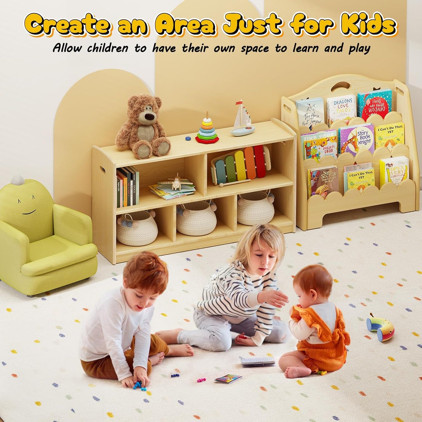 2-Tier Wood Montessori Cabinet for Kids, Toddler Room Book Shelves Toy Organizers and Storage, Small Book Shelf Storage for Baby Children, Furniture of Classroom, Nursery, Playroom