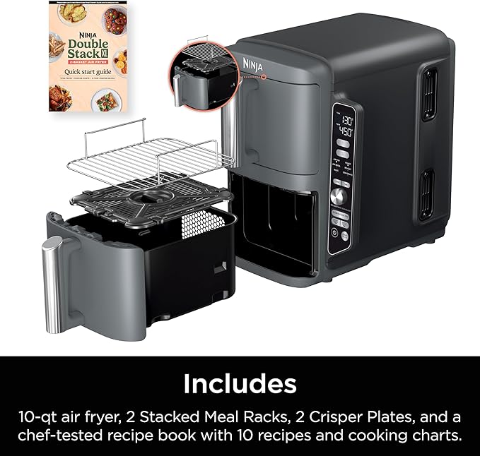 Ninja SL401 DoubleStack XL 2-Basket Air Fryer, DoubleStack Technology Cooks 4 Foods at Once, Compact Design, 10 QT, 6-in-1, Smart Finish & Match Cook, Air Fry, Broil, Bake, Easy Meals, Easy Clean,Grey