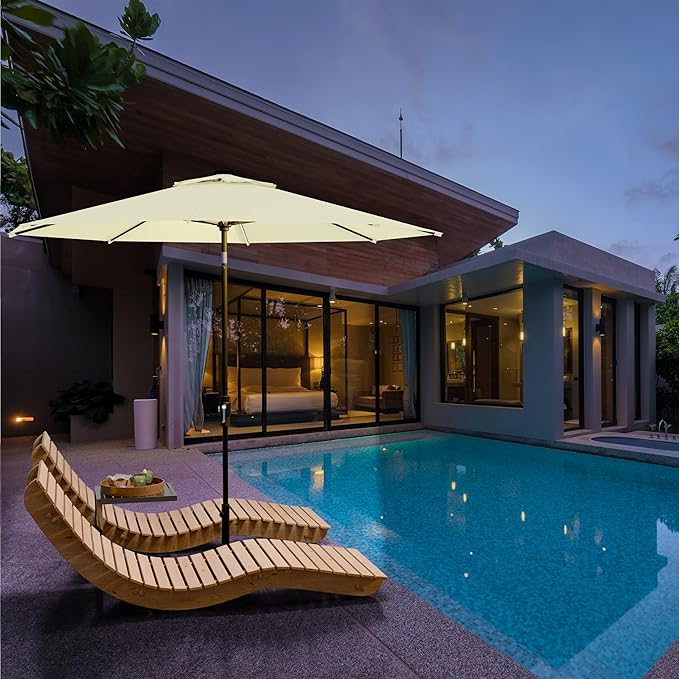 Midtown Umbrellas Led Swilt Sunbrella Umbrella, 8 Foot Patio Umbrella In Sunbrella Canvas Natural Acrylic Fabric - Deck Patio Umbrella, Backyard Umbrella, Garden Umbrella & Pool Umbrella - Black Pole