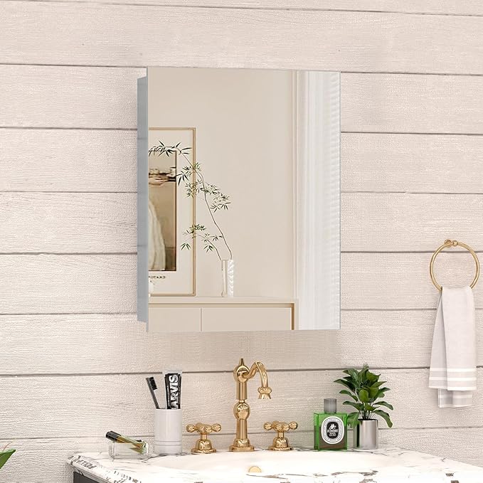 14 x 18 Farmhouse Medicine Cabinet for Bathroom, Small Silver Bathroom Mirror with Storage, Tempered Glass, Frameless Recessed or Wall Mount Aluminum Medicine Cabinet - Pre-Assembled