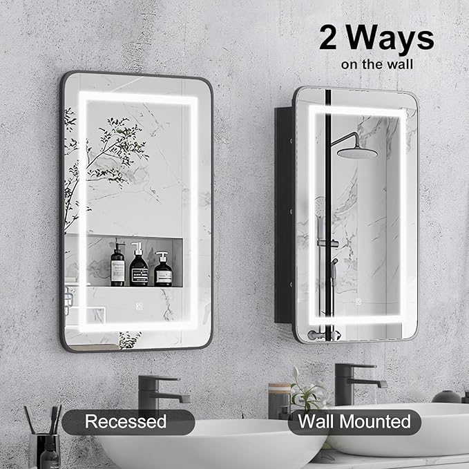 Black Medicine Cabinet with Lights,Recessed Medicine Cabinets for Bathroom Medicine Cabinets with Mirror,3-Color Lighted Medicine Cabinet with Metal Edge,Wall Mounted Mirrored Cabinets 20x30