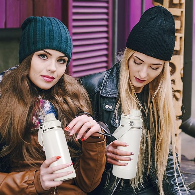 Nitial 1 Pcs Insulated Water Bottle 14 oz Stainless Steel Water Bottle with Handle and Leak Proof Spout Lid Double Wall Vacuum Reusable Sports Bottles, Almond White