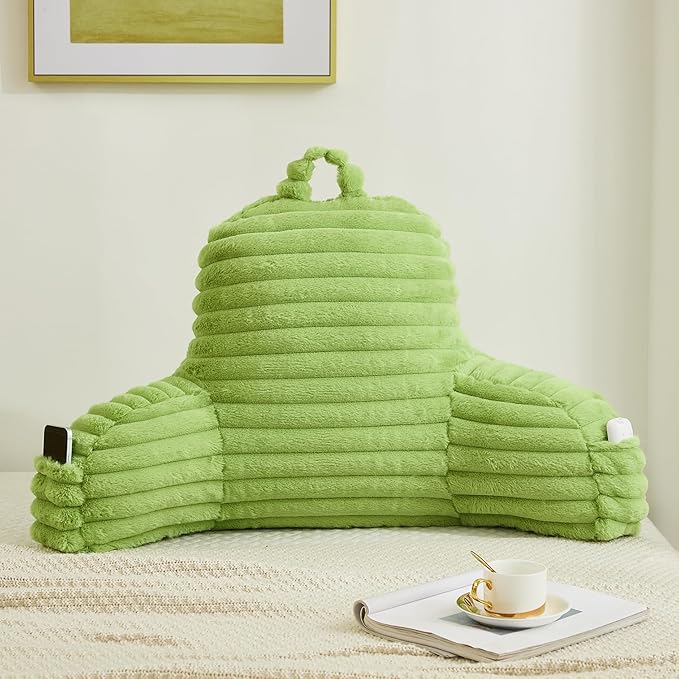 Faux Fur Fluffy Light Green Reading Pillow with Pockets, Luxury Striped Plush Decorative, Arm Rests and Back Surport for Bed Rest, Lounging on Sofa, Standard