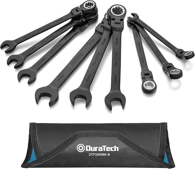 DURATECH 9-Piece Flex-Head Ratcheting Wrench Set, Combination Wrench Set, 72 Tooth, Metric, 8, 10, 11, 12, 13, 14, 15, 16, 17mm, Black Electrophoretic Coating, CR-V Steel, with Rolling Pouch