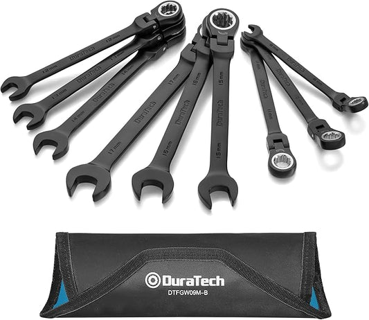 DURATECH 9-Piece Flex-Head Ratcheting Wrench Set, Combination Wrench Set, 72 Tooth, Metric, 8, 10, 11, 12, 13, 14, 15, 16, 17mm, Black Electrophoretic Coating, CR-V Steel, with Rolling Pouch