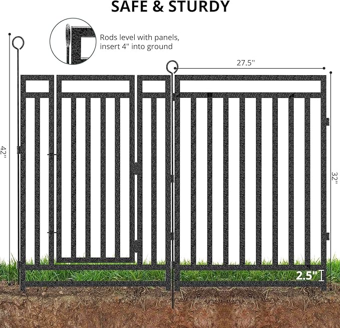 Decorative Garden Fence Metal Dog Fence Outdoor for Yard, 92ft (L) × 32in (H), 35 Panels + 5 Gates, Rustproof Animal Barrier Fencing for Patio & Flower Bed, No Dig, Black-Silver