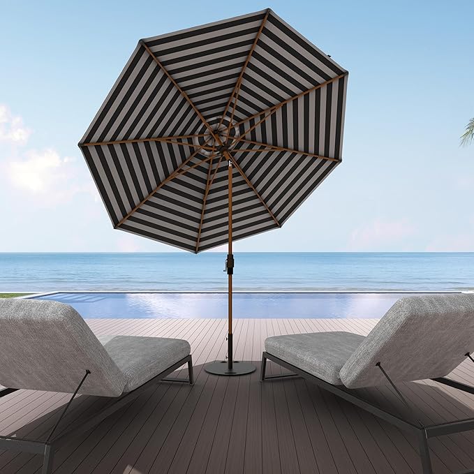 Midtown Umbrellas Sunbrella Umbrella Outdoor Patio Umbrella 2-9 Feet in Black & White Acrylic Fabric, Auto-Tilt Aluminum Frame For Backyard Umbrella, Deck Umbrella & Porch Umbrella - Wooden Pole