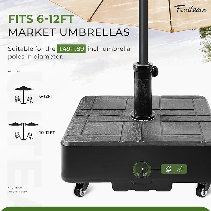 FRUITEAM 155lb Capacity Fillable Portable Umbrella Base with Wheels,Patio Umbrella Base Heavy Duty, Square Market Stand for Patio,Outdoor,Deck w/ 4 Wheels, 2 Locks, 1 Knobs, Wind-Resistant Design