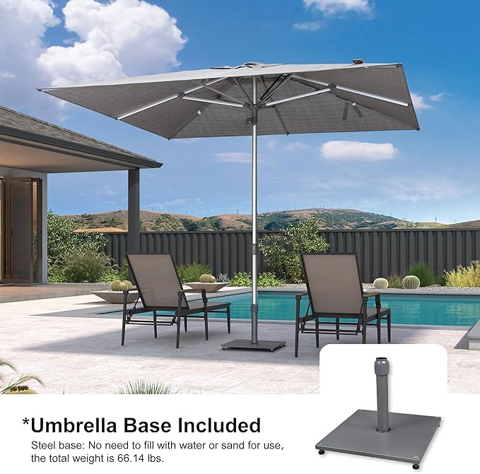 PURPLE LEAF 10 X 10 FT Semi-Auto Outdoor Patio Umbrella with Base Market Table Sun Umbrellas with 8 Aluminum Sturdy Ribs for Backyard Deck Garden Pool (Silver Pole Gray Canopy)