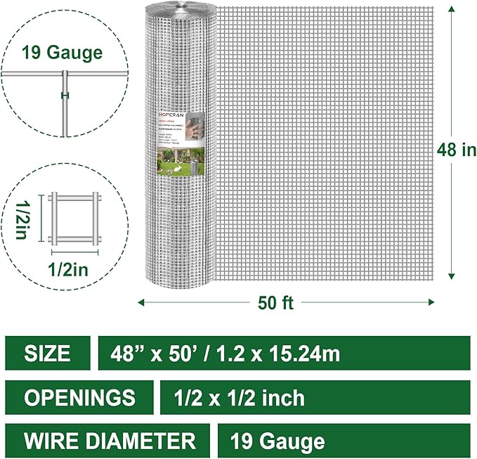 HOPERAN Hardware Cloth 1/2 Inch 48 x 50 ft 19 Gauge, Hot Dipped Galvanized After Welding, Square Chicken Wire Fencing Mesh Roll, Chicken Coop Wire Fence Raised Garden Bed Poultry Netting Cage