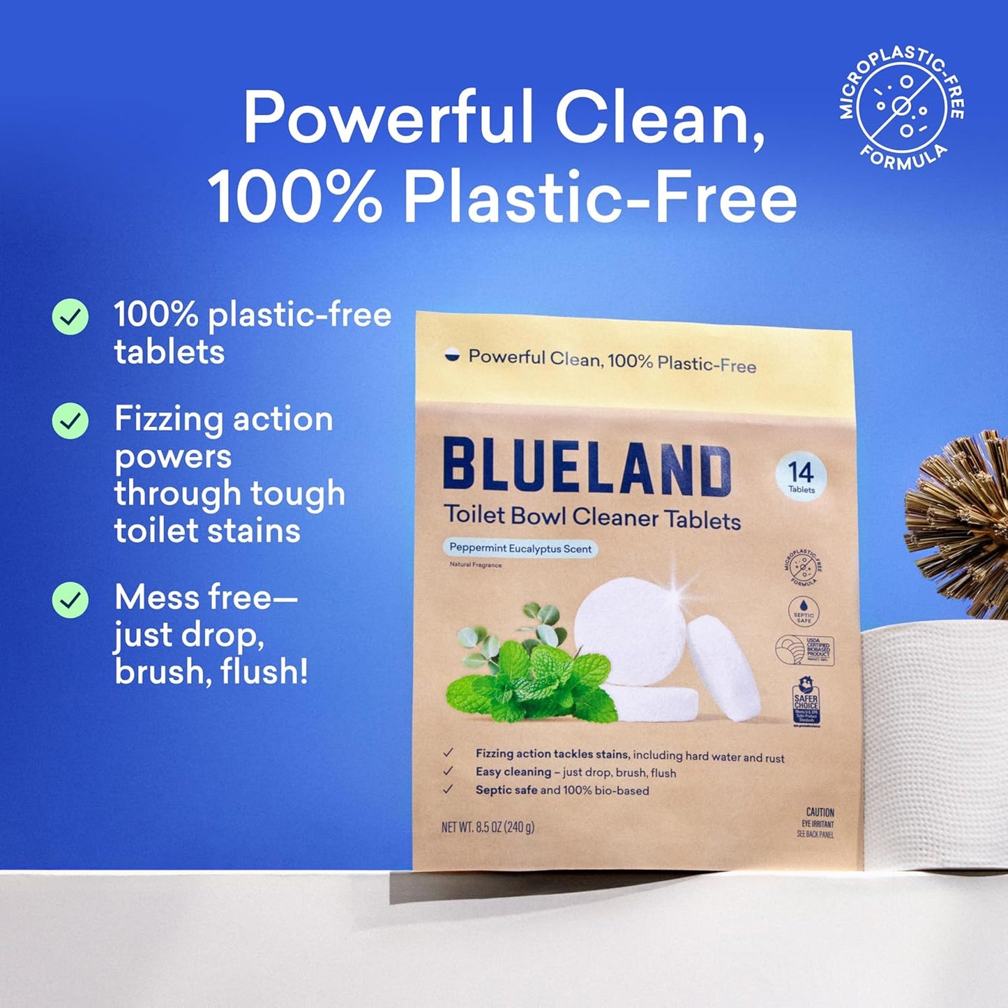 BLUELAND Toilet Bowl Cleaner Tablets, Starter Set, 14 Count with Tin, Peppermint Eucalyptus, Plastic-Free, No Harsh Chemicals, Plant-Based