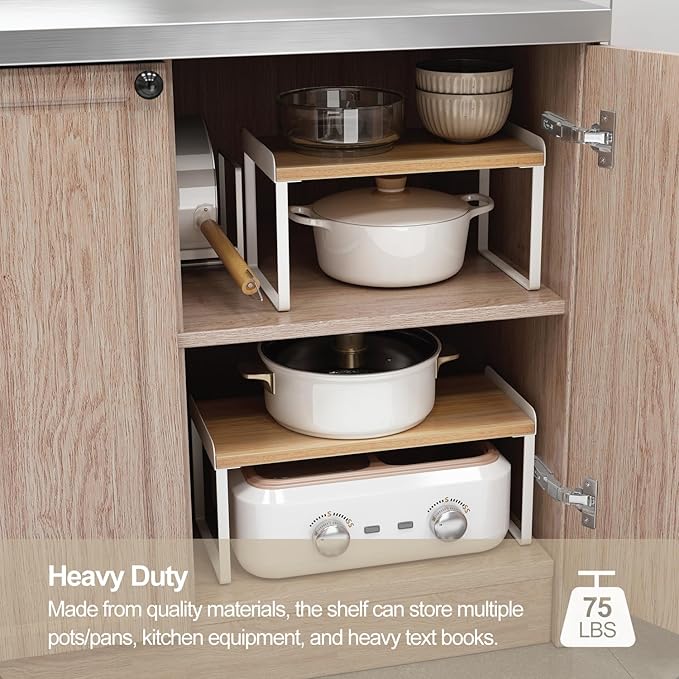 Mitus Shelf Organizer and Storage, Tiered Wood Cabinet Rack for The Kitchen Counter, Bathroom Counter, Pantry Cupboard, Office Desk Bookshelf, 16" Wide Natural and White