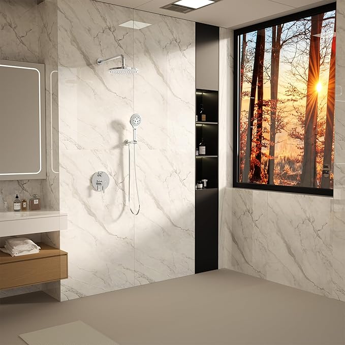 Polished Chrome Shower Faucet Set, Wall Mount Rain Shower System 10 Inches Shower Head with Handheld Set, Included Rough-in Valve and Trim Kit