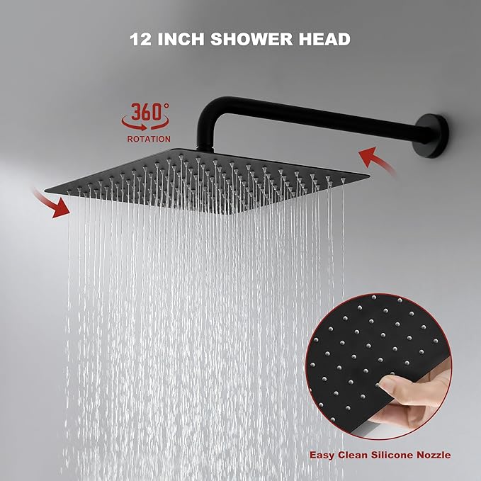 Shower Faucet Set Wall Mounted Shower head with Handheld Comb Rain System 6 Function Pressure Balance - Stainless Steel Bathroom Shower Kit Complete 12 Inch Matte Black(With Valve)