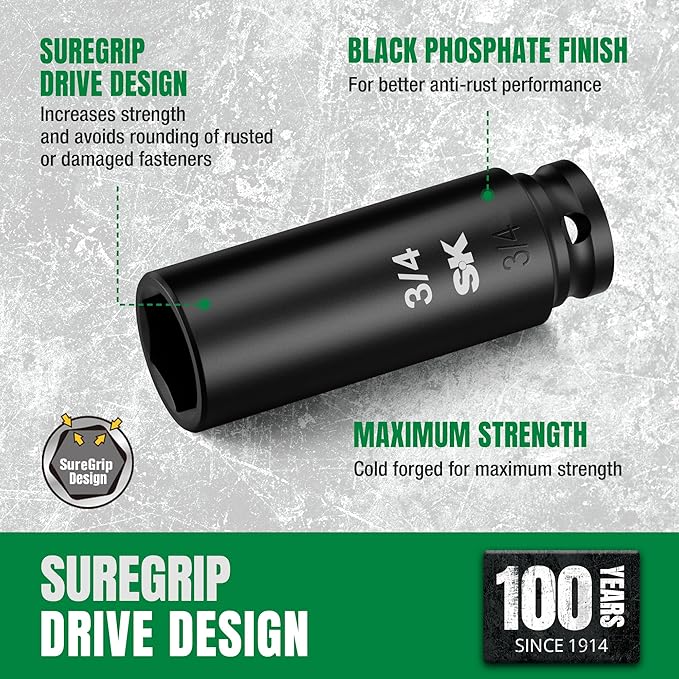 SK 3/8" Drive Impact Socket Set, 40-Piece Deep & Shallow Sockets, Metric 8 to 19mm, SAE 5/16″ to 3/4″, Premium CR-MO Steel, SureGrip 6 Point Design, With Storage Case