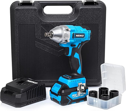 NEIKO 10883A Brushless Cordless Impact Wrench 1/2 Inch-Drive, 20-Volt Compact Impact, Cordless Power 1/2" Impact Gun for Car Tires w/Li-Ion Battery & Fast Charger, High Torque Electric Automotive Gun