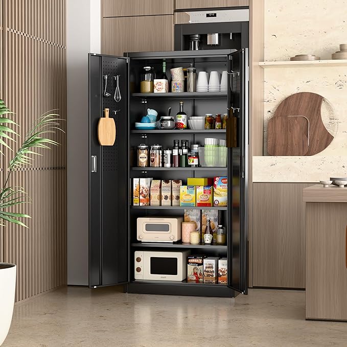 71" H Metal Garage Cabinet with Pegboards and Hooks,Tool Storage Cabinet with 2 Doors and 5 Adjustable Shelves for Office, Home, Garage, Gym, School, Assembly Required,Black