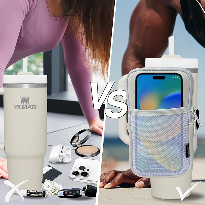 Water Bottle Pouch for Stanley Cups with 20oz 30oz 40oz Stanley Quencher Adventure & Stanley IceFlow, Gym Accessories for Women Tumbler Pouch with Strap & Zipper Cup Purse for Card Keys (Cream, Large)